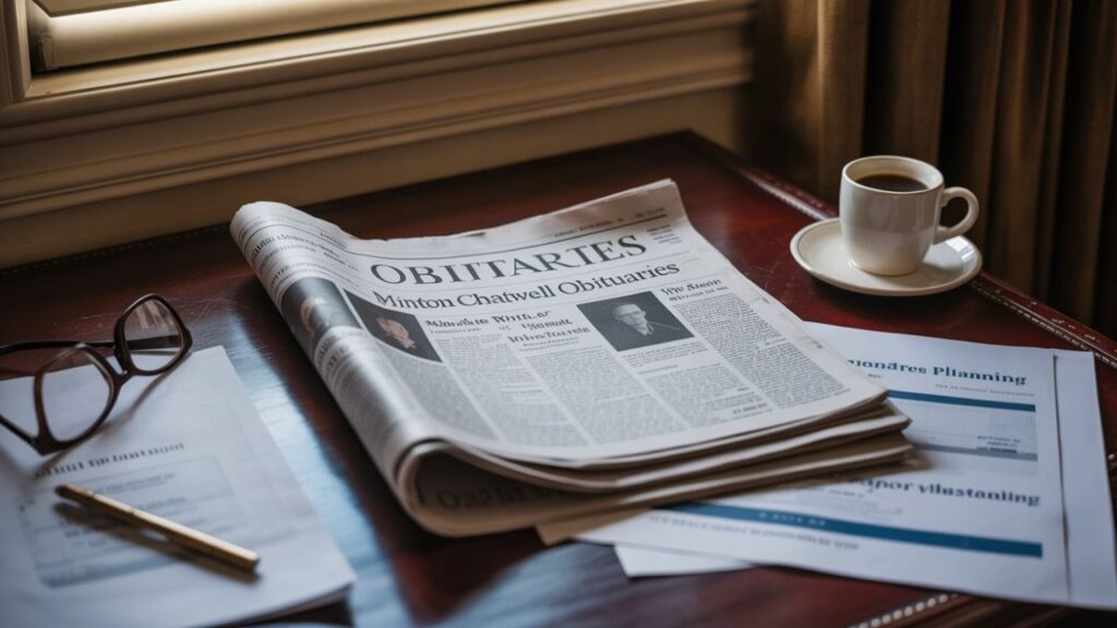 A person reading Minton Chatwell obituaries while reviewing their own financial will and estate documents.