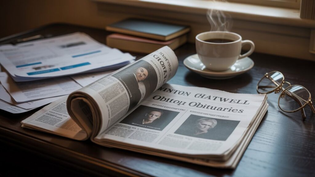 A person reading Minton Chatwell obituaries while reviewing their own financial will and estate documents.
