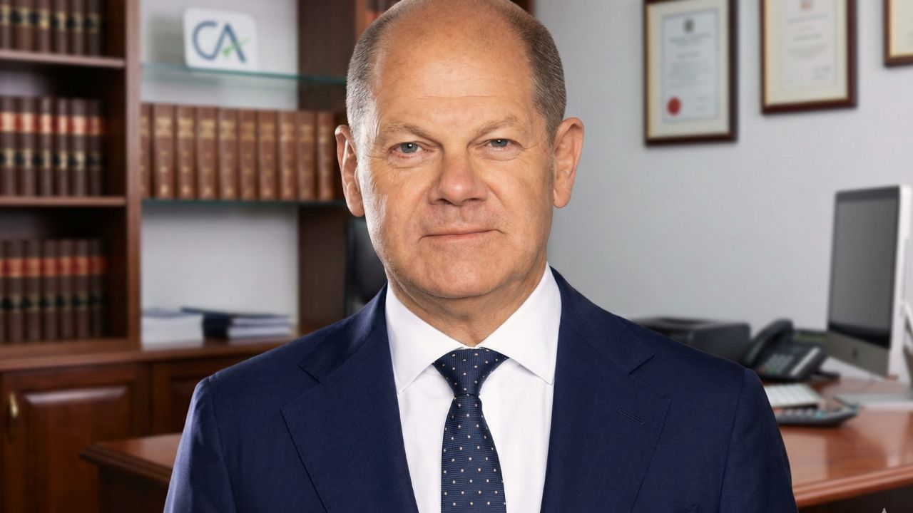 Olaf Scholz spricht auf einem Podium, sieht gesund und konzentriert aus.