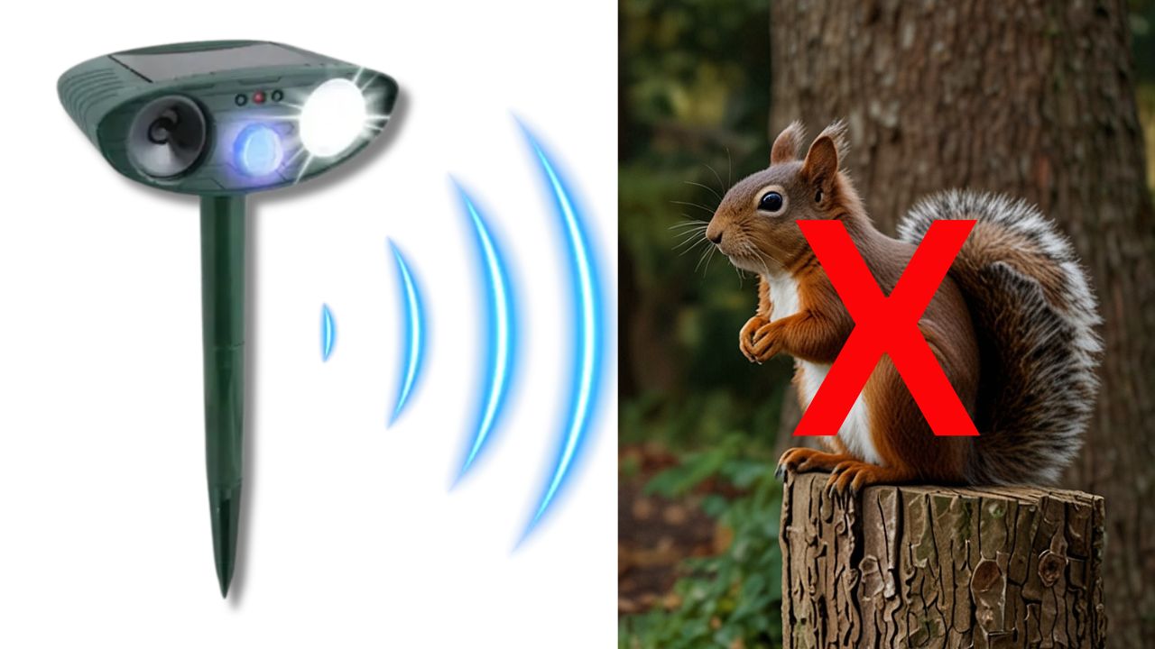 Close-up of the Squirrel Fortress Pro metal baffle installed on a black bird feeder pole.